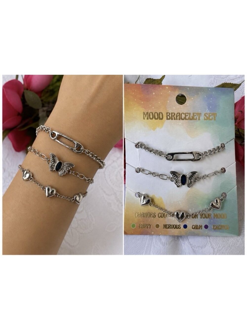 Mood Bracelet Stackable Chain Safety Pin Charms Thin Silver-Tone Set of 3 NEW